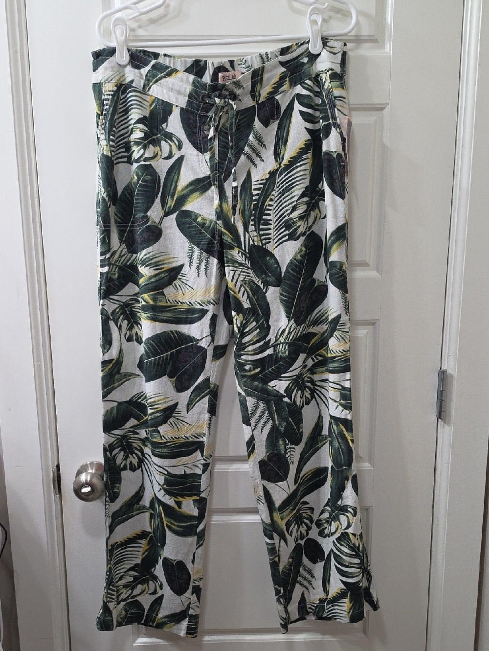Per Se Tropical Leaf Linen Blend Pants - Large